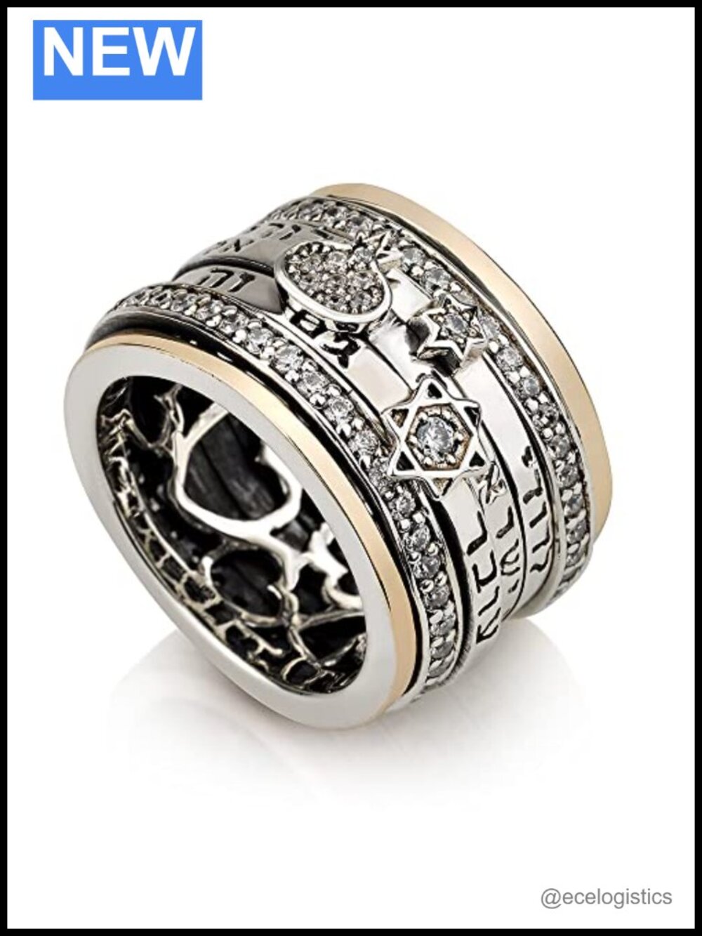 925 Sterling Silver 9k Gold Spinner Ring Kabbalah Jewish Jewelry Women